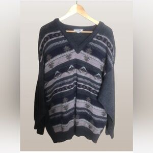 Vintage 90s Aztec Southwestern Wool Blend V-Neck Sweater XXL